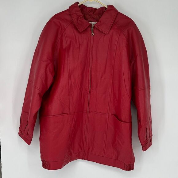 VENEZIA Vtg Leather Jacket Women's Size XL Red Quilted Lining Full Zip Coat Pkts - Picture 3 of 15